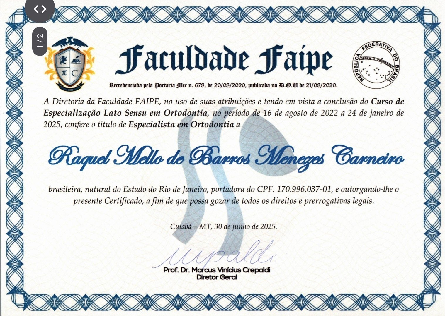 Certificado ou capacitação de Drª Raquel Mello
